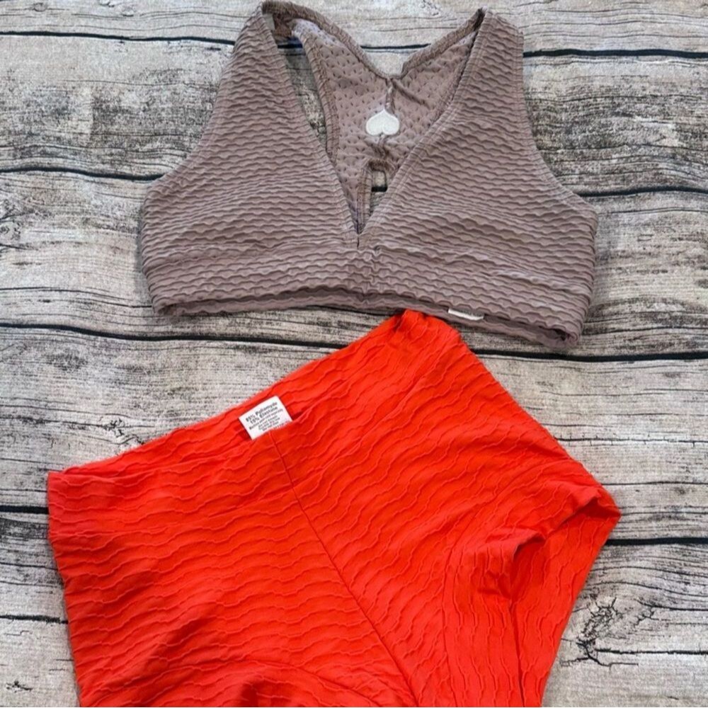 Booty by Brabants Taupe Racerback Bralette & Bright Orange Textured Shorts OSFM